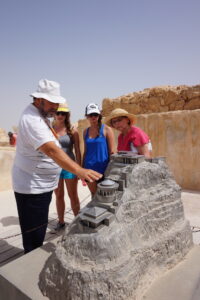 Moshe, our tour guide, explains what Masada looked like when completed by Herod. It served as a palace and fortress until 70 A.D. when the Romans destroyed it. The destruction of Jerusalem and the murder of its 700,000 residents signified the final resistance of the Jews against the Romans. Israel would not be free again until 1948, when the United Nations voted to create a modern Israel on the land promised to Abram by God.