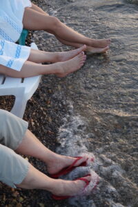 After a day of site-seeing, we went to the Galilee's beach at the resort kibbutz and let the cool waters sooth our feet as the lights of cities twinkled on the hillsides in the distance.